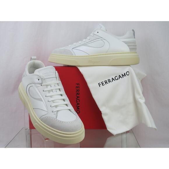 NIB FERRAGAMO CASSINA WHITE LEATHER GANCINI BIT LOGO SNEAKERS 11.5 M ITALY